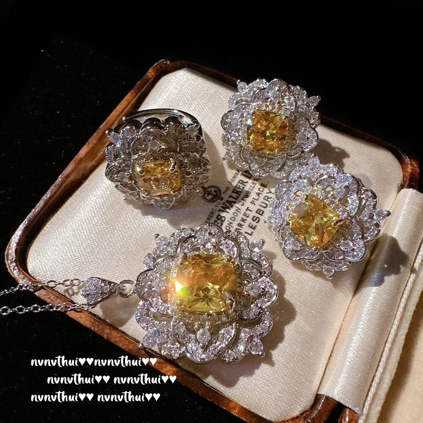 925 Silver Jewelry Sets Princess Cut Gemstone Yellow Zircon