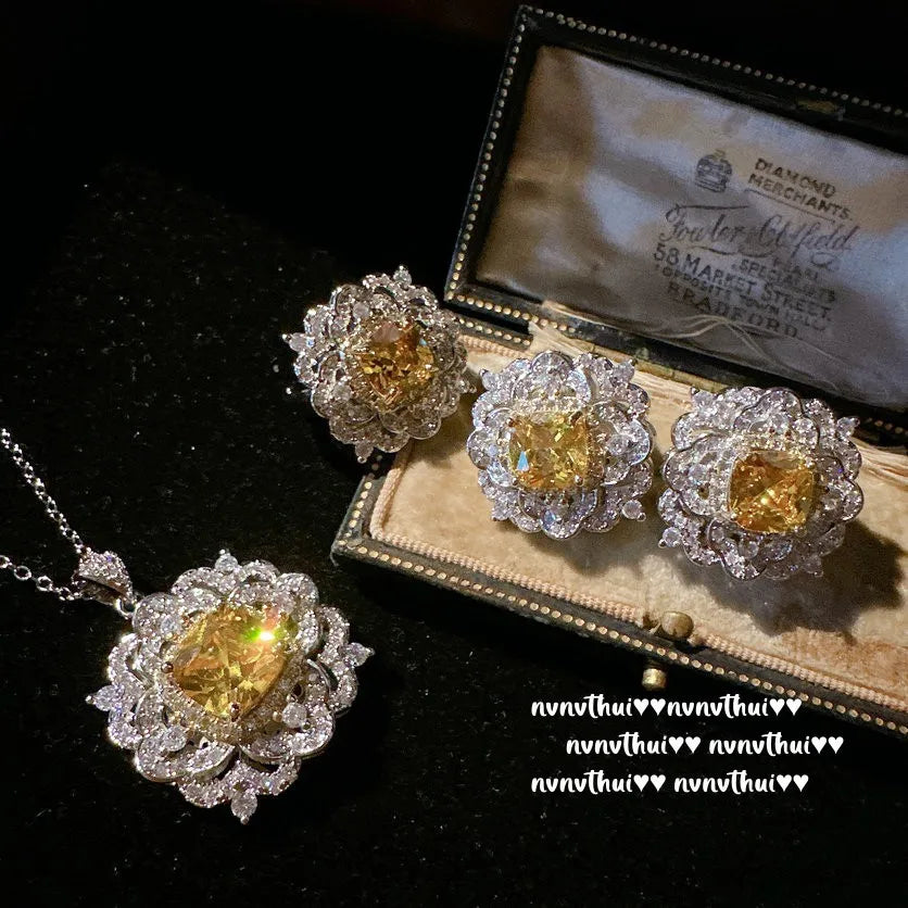925 Silver Jewelry Sets Princess Cut Gemstone Yellow Zircon
