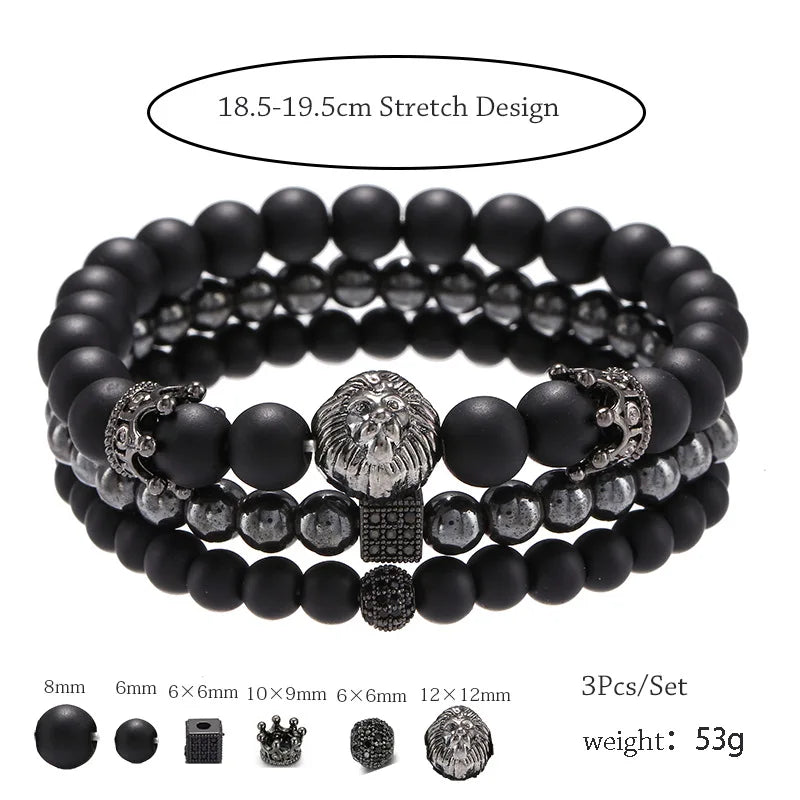 Vintage Stone Bracelet Set for Men Zircon Rhinestone Lion Head