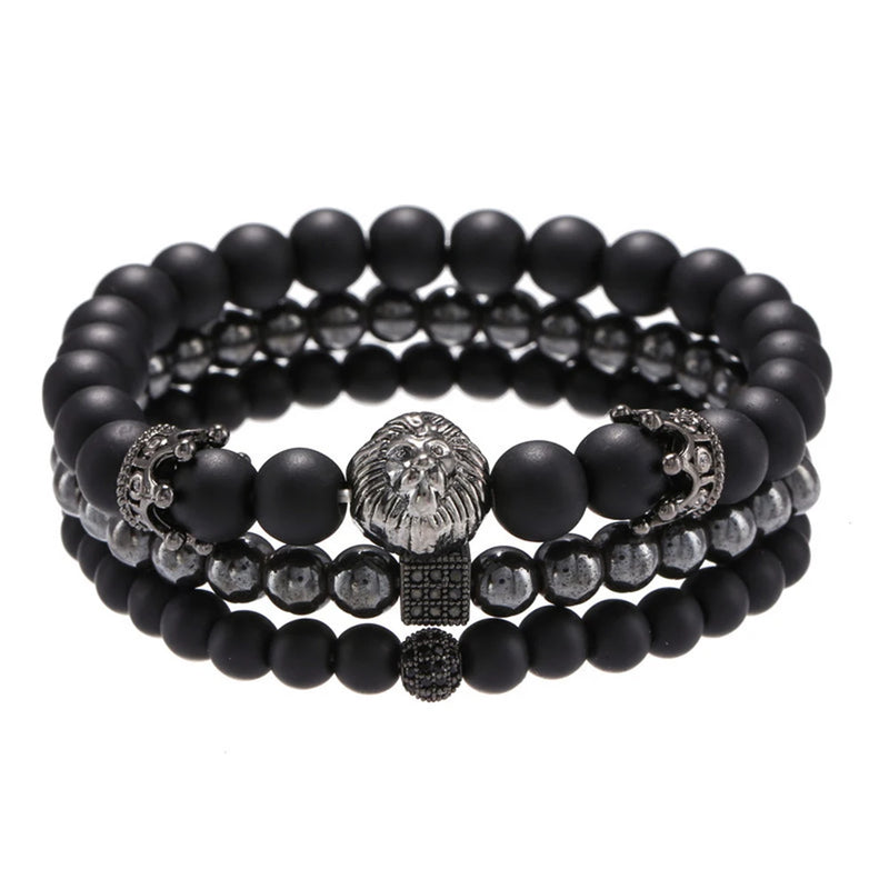 Vintage Stone Bracelet Set for Men Zircon Rhinestone Lion Head