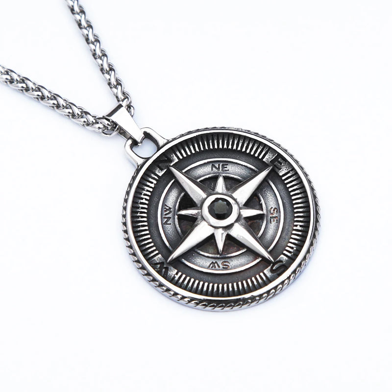 Vintage Stone Compass Necklace For Men Punk Stainless Steel Biker Pendant