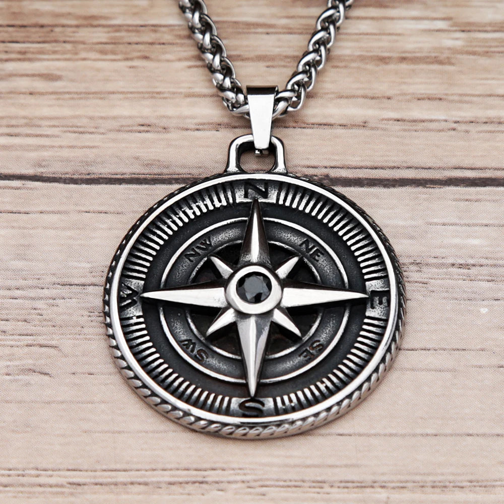 Vintage Stone Compass Necklace For Men Punk Stainless Steel Biker Pendant