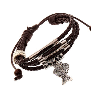 Vintage Braided Leather Wrap Bracelet with Alloy Wings Feather Charm