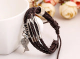 Vintage Braided Leather Wrap Bracelet with Alloy Wings Feather Charm