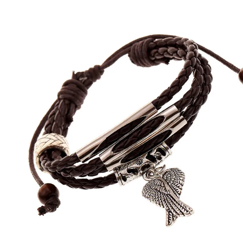 Vintage Braided Leather Wrap Bracelet with Alloy Wings Feather Charm