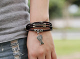Vintage Braided Leather Wrap Bracelet with Alloy Wings Feather Charm