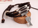 Vintage Braided Leather Wrap Bracelet with Alloy Wings Feather Charm