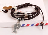Vintage Braided Leather Wrap Bracelet with Alloy Wings Feather Charm