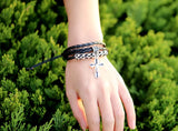 Vintage Cross Leather Bracelet Multi-layer Weave Alloy Charm Bangle