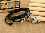 Vintage Cross Leather Bracelet Multi-layer Weave Alloy Charm Bangle