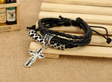 Vintage Cross Leather Bracelet Multi-layer Weave Alloy Charm Bangle