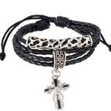 Vintage Cross Leather Bracelet Multi-layer Weave Alloy Charm Bangle