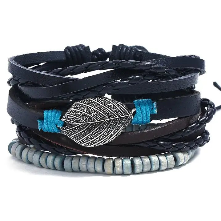Vintage Leather Cuff Bracelets Set Beads Leaf Charms Wristbands