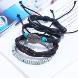 Vintage Leather Cuff Bracelets Set Beads Leaf Charms Wristbands