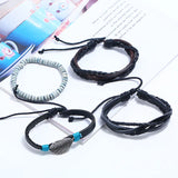 Vintage Leather Cuff Bracelets Set Beads Leaf Charms Wristbands