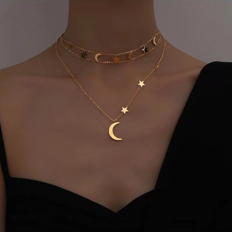 Multi-Layer Star and Moon Choker Necklace For Women