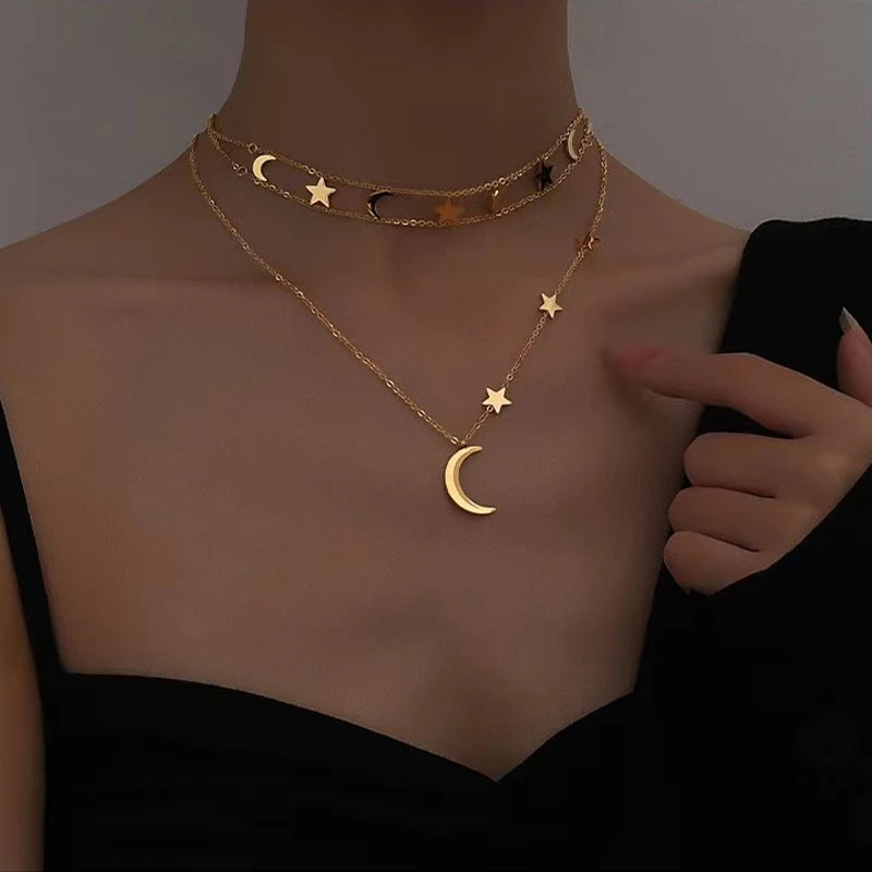 Multi-Layer Star and Moon Choker Necklace For Women