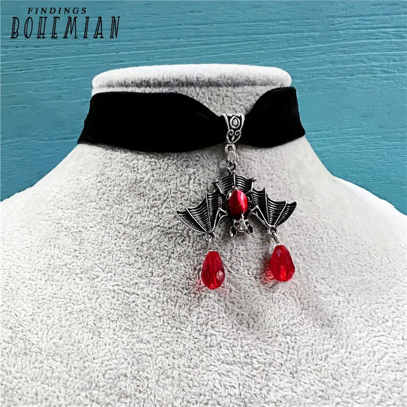 Vintage Gothic Bat Necklace Red Crystal Bead Pendant Women Choker