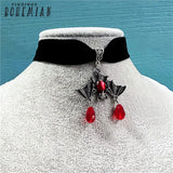 Vintage Gothic Bat Necklace Red Crystal Bead Pendant Women Choker