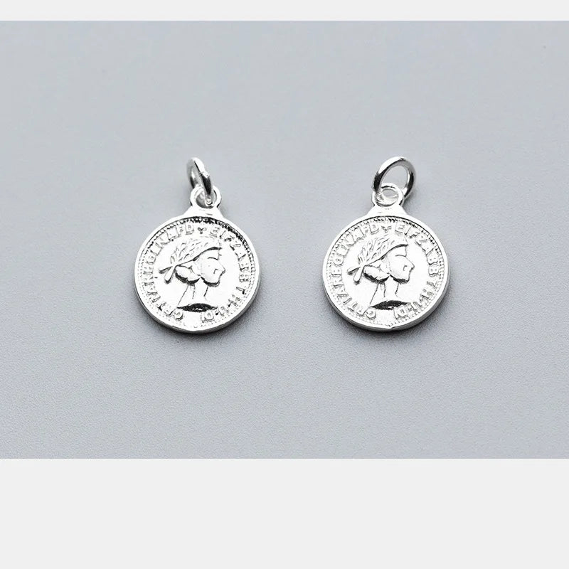 Round Queen Pattern Coin Charms 11mm 925 Sterling Silver Necklace Bracelets