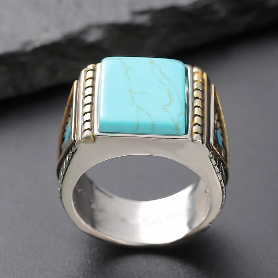 Vintage Turquoise Stones Rings for Men Feather Carving Indian Jewelry