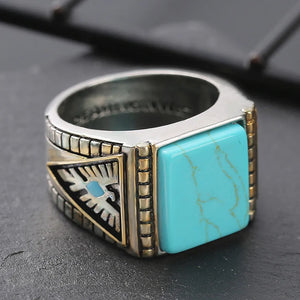 Vintage Turquoise Stones Rings for Men Feather Carving Indian Jewelry