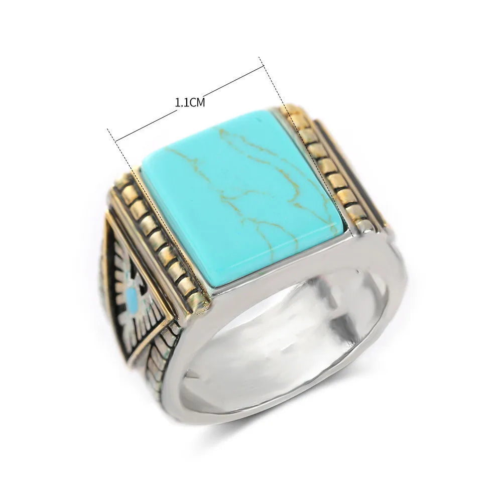 Vintage Turquoise Stones Rings for Men Feather Carving Indian Jewelry