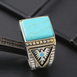 Vintage Turquoise Stones Rings for Men Feather Carving Indian Jewelry
