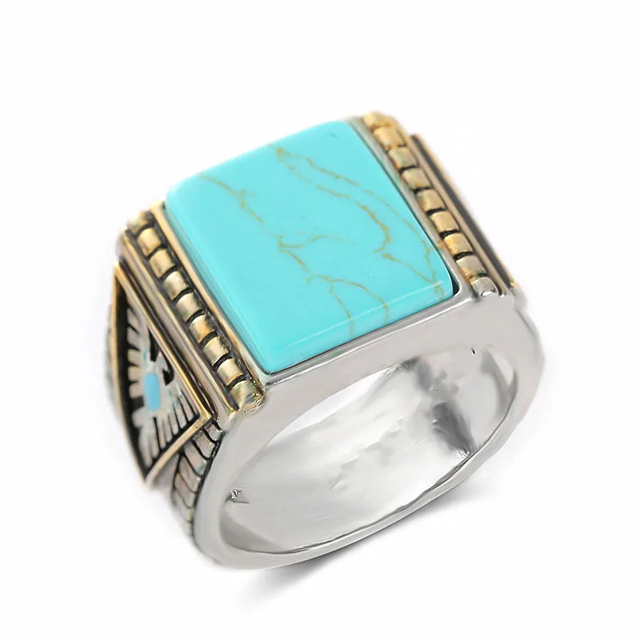 Vintage Turquoise Stones Rings for Men Feather Carving Indian Jewelry