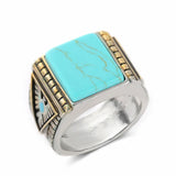 Vintage Turquoise Stones Rings for Men Feather Carving Indian Jewelry