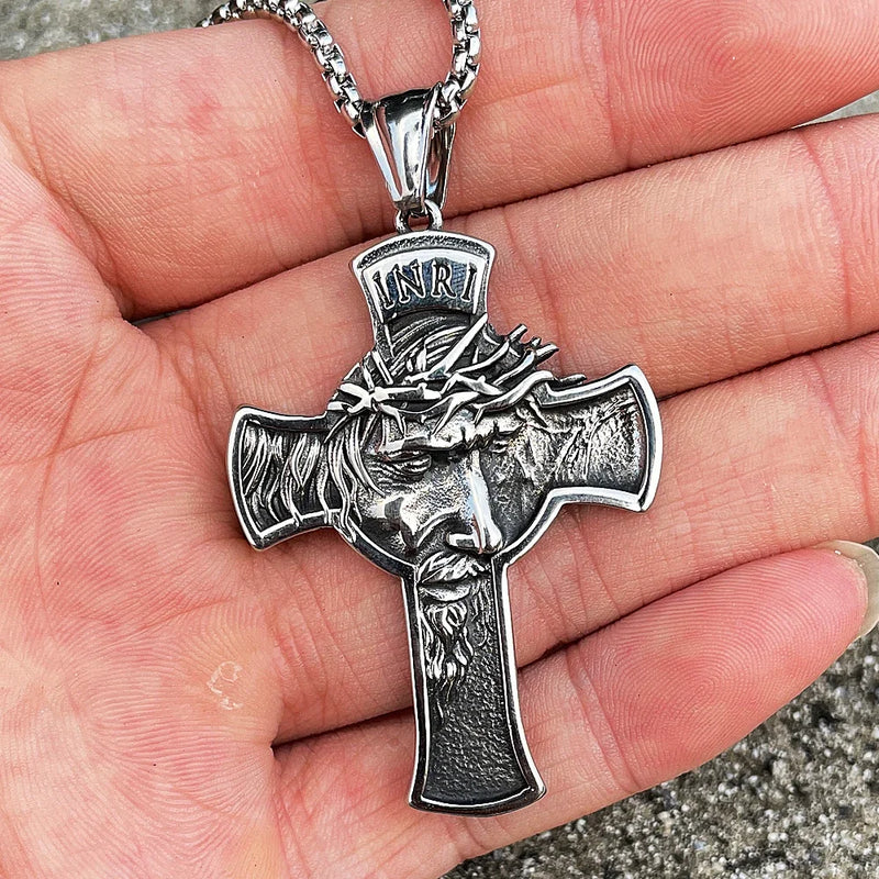 Stainless Steel Jesus Cross Necklace Pendant Boys Cross Face Necklace