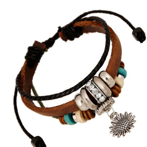 Vintage Sunflower Leather Cuff Bracelet Rhinestone Charm Wristbands