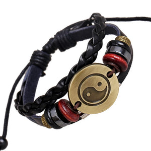 Vintage Yin Yang Tai Chi Charm Bracelet Retro Alloy Beads Multi-layer Weave 
