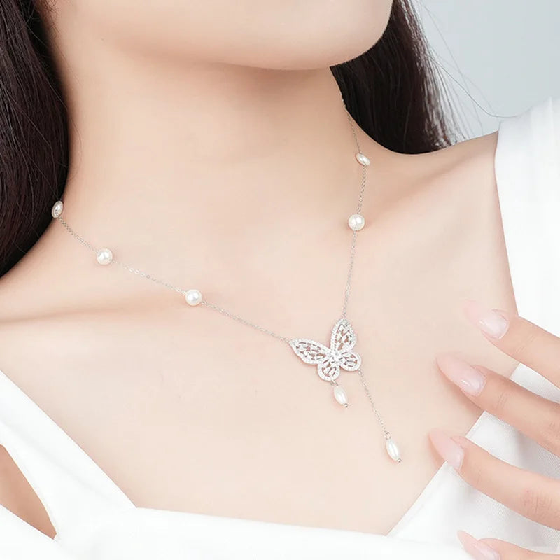 Vintage Zircon Butterfly Pendant Necklace 925 Silver Tassel Butterfly Pearl