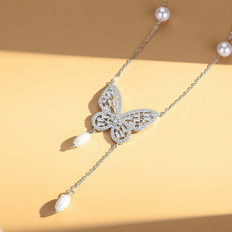 Vintage Zircon Butterfly Pendant Necklace 925 Silver Tassel Butterfly Pearl