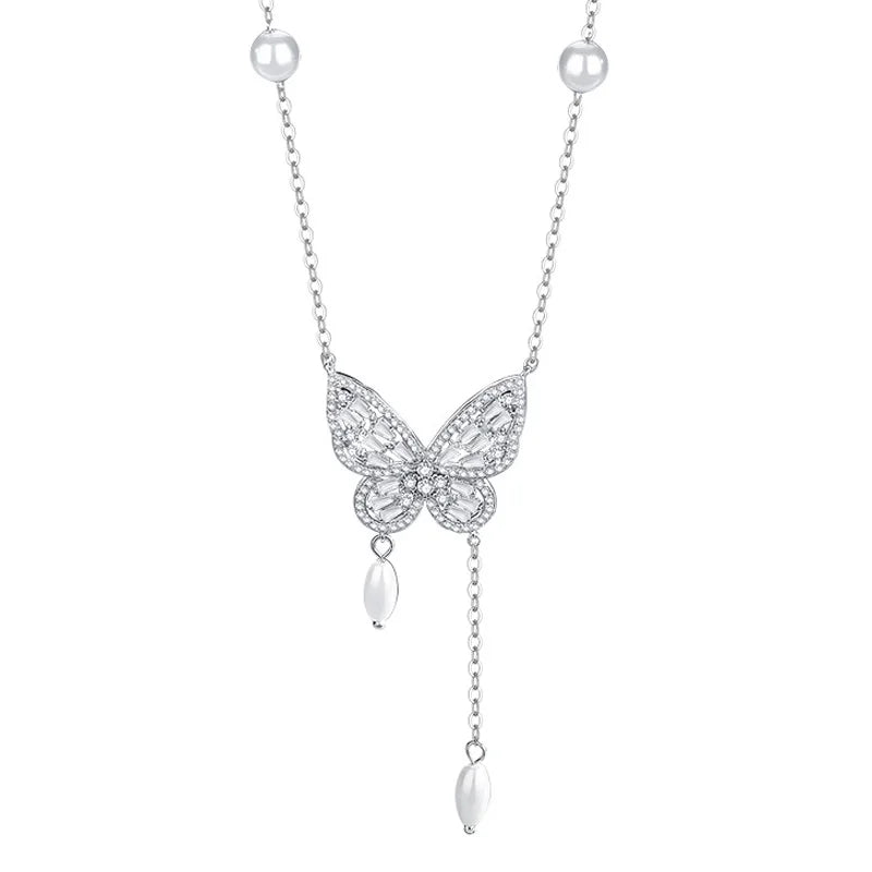 Vintage Zircon Butterfly Pendant Necklace 925 Silver Tassel Butterfly Pearl