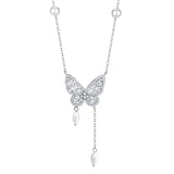 Vintage Zircon Butterfly Pendant Necklace 925 Silver Tassel Butterfly Pearl