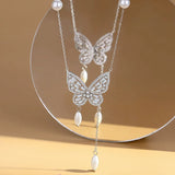 Vintage Zircon Butterfly Pendant Necklace 925 Silver Tassel Butterfly Pearl