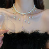 Water Drop Pearl Tassel Necklace Baroque Clavicle Bead Statement Jewelry