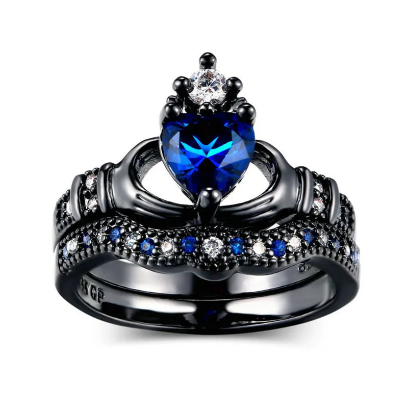 Wedding Love Crown Hand Heart Claddagh Ring Set CZ Crystal Rings