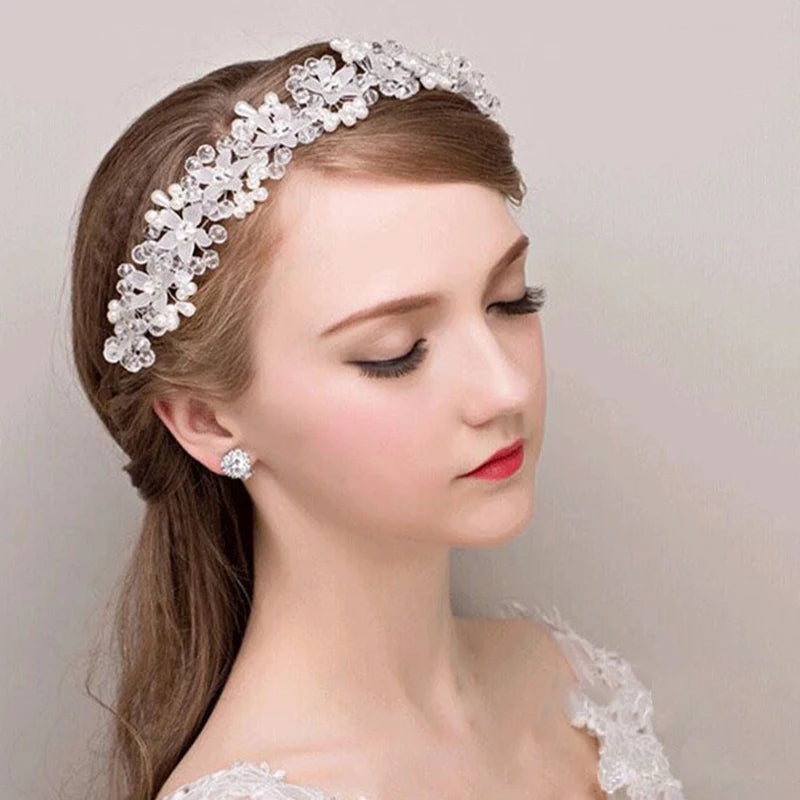 Bride Headbands Red Lace Crystal Tiara Floral Hair Jewelry