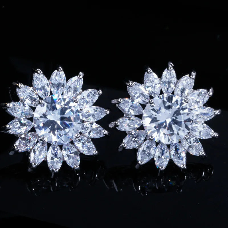 CZ Crystal Flower Stud Earrings 925 Silver for Women