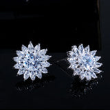 CZ Crystal Flower Stud Earrings 925 Silver for Women