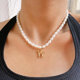 Baroque Pearl Beaded Necklace Golden Metal 26 Letter Bamboo Necklace