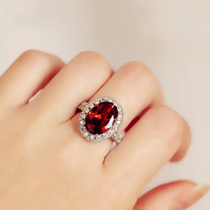 Dark Red Oval CZ Ring 4 Prong Setting Engagement Party Dress Jewelry