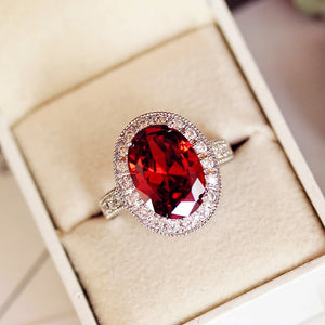 Dark Red Oval CZ Ring 4 Prong Setting Engagement Party Dress Jewelry