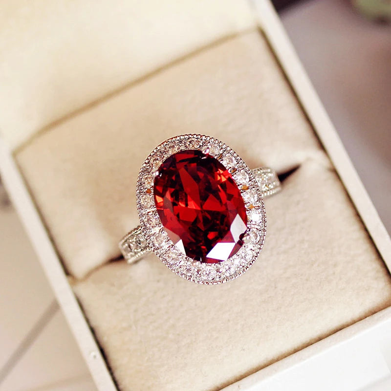 Dark Red Oval CZ Ring 4 Prong Setting Engagement Party Dress Jewelry