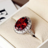 Dark Red Oval CZ Ring 4 Prong Setting Engagement Party Dress Jewelry