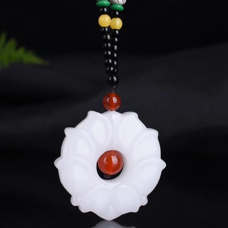 Jade Hollow Flower Pendant Necklace Hand-Carved Relax Healing Women Luck Amulet