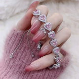 Pink Heart Women Silver Bracelet Cut CZ Bridal Adjustable Party Jewelry